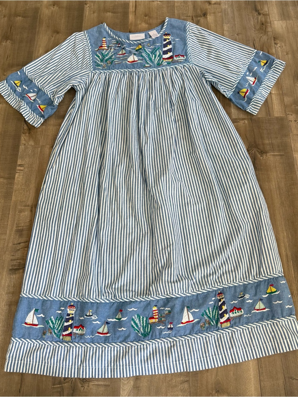 Cabernet Chambray Dress Nautical Embroidered Stitched Medium Cotton Boats Stripe